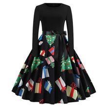 Load image into Gallery viewer, Vintage Dress Women Long Sleeve Print Christmas Dress Winter Elegant Swing Party Dresses Robe Femme Casual Rockabilly Vestidos