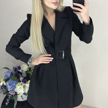 Load image into Gallery viewer, Women Casual Sashes A Line Mini Dress Office Ladies Turn Down Collar OL Solid Dress 2019 Autumn Winter New Fashion Women Dress