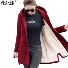 Load image into Gallery viewer, 2018 Autumn Winter Women's Fleece Jacket Coats Female Long Hooded Coats Outerwear Warm Thick Female Red Slim Fit Hoodies Jackets